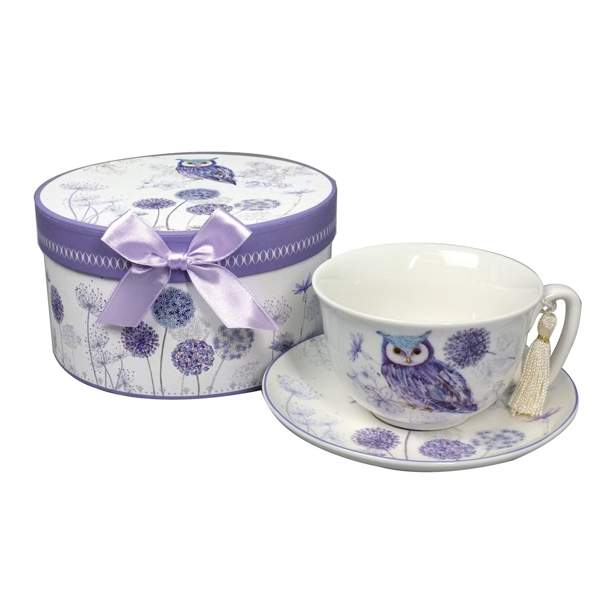 Porcelánový šálek s podšálkem Fialová sova 300 ml
