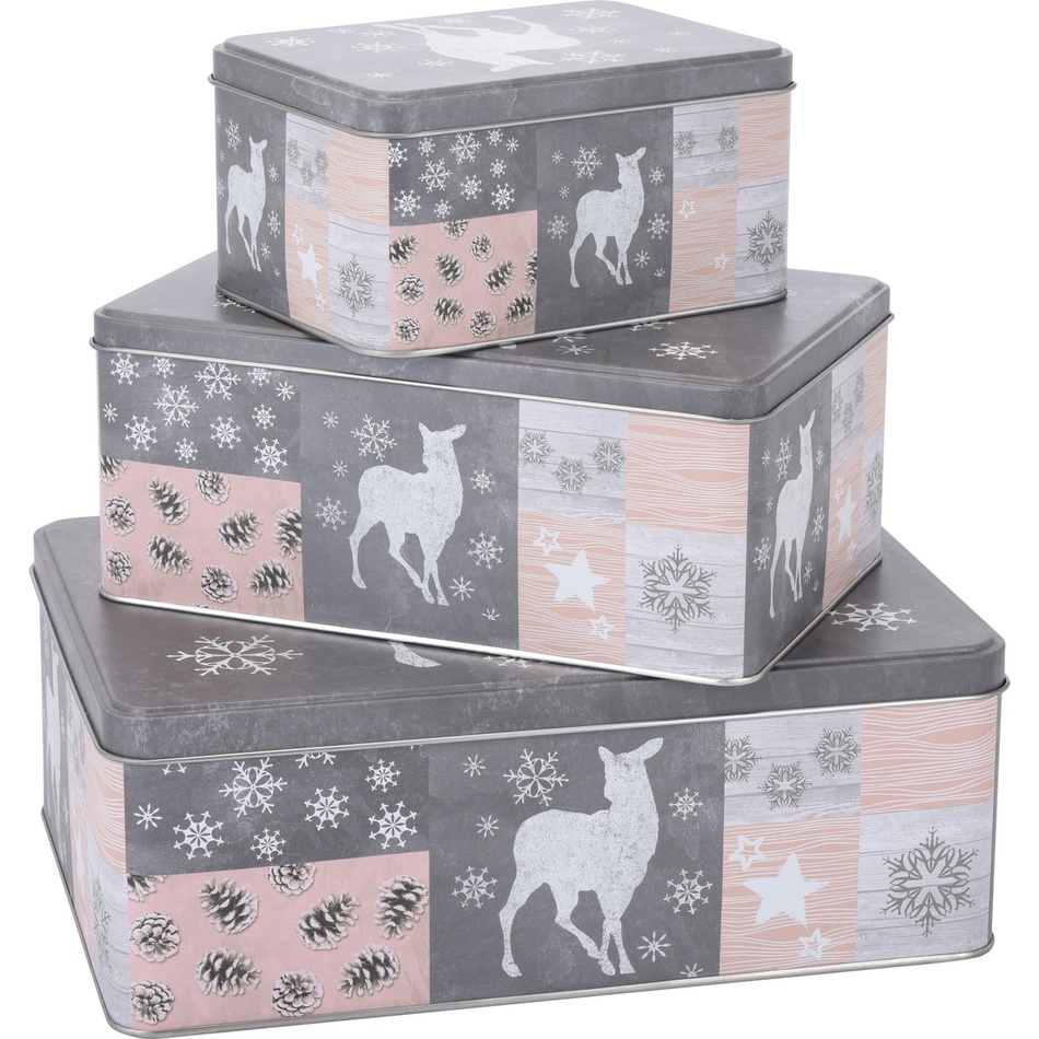 3dílná sada hranatých plechových dóz Snowflake