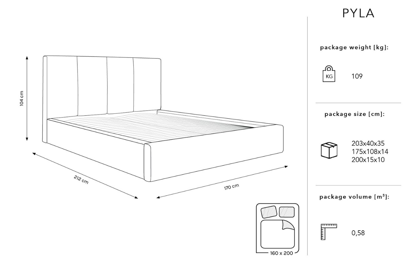 Micadoni Tmavě modrá dvoulůžková postel Pyla 160 x 200 cm s úložným prostorem
