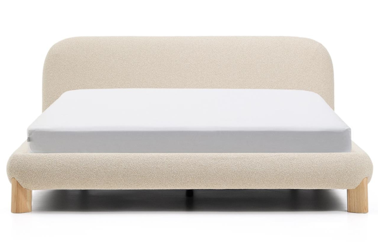 Kave Home Béžová bouclé dvoulůžková postel Odina 160 x 200 cm s přírodní podnoží
