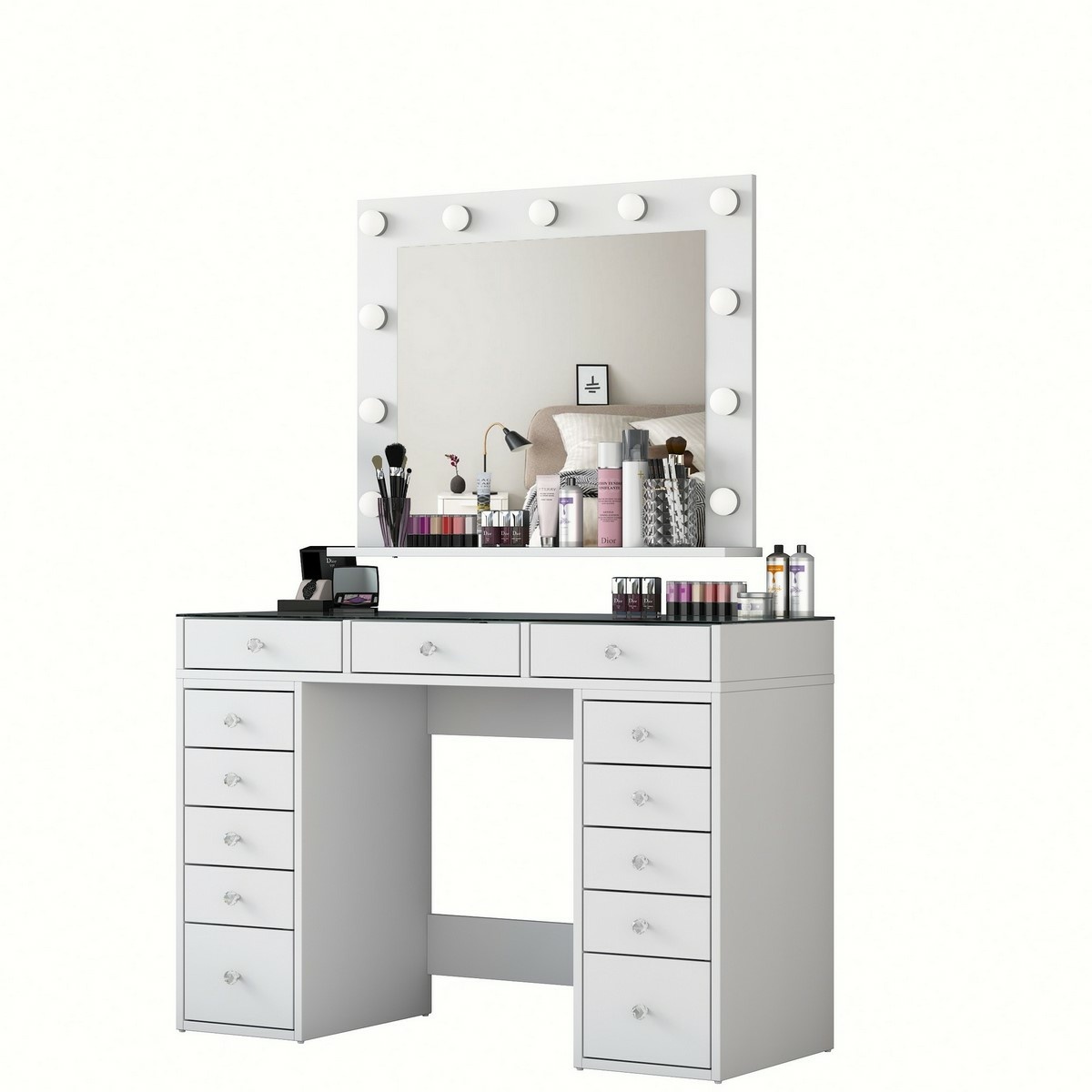 Kosmetický stůl Livia White se skleněnou deskou Hanah Home