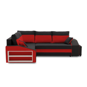 Rozkl&aacute;dac&iacute; rohov&aacute; sedac&iacute; souprava s taburety a poličkou GRANDE micro Lev&aacute; Čern&aacute;/červen&aacute;