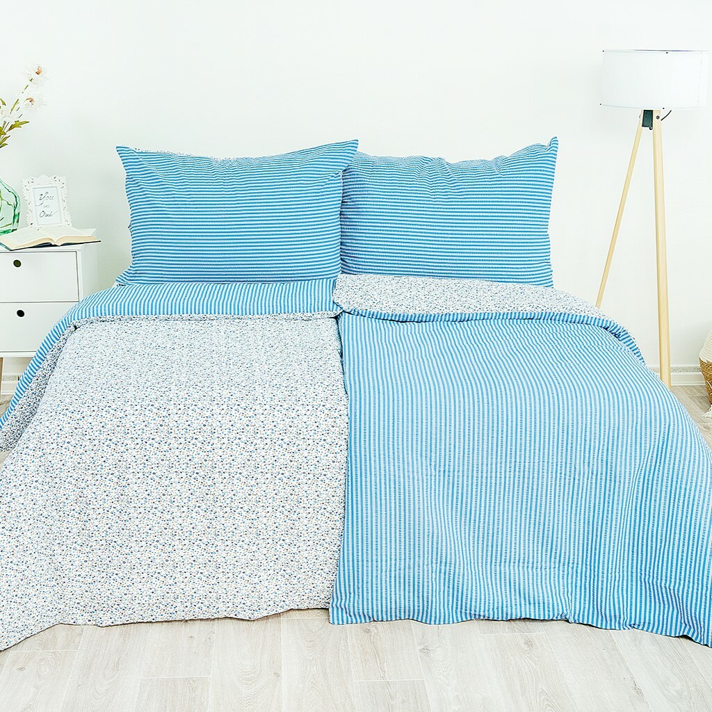 Stanex Krepové povlečení Kvítek-pruh modrá